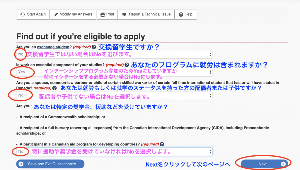 交換留学生、就労、配偶者、奨学金についての確認画面