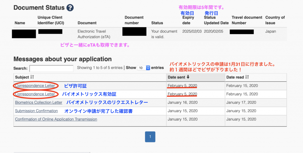 カナダワーホリビザが下りた画面