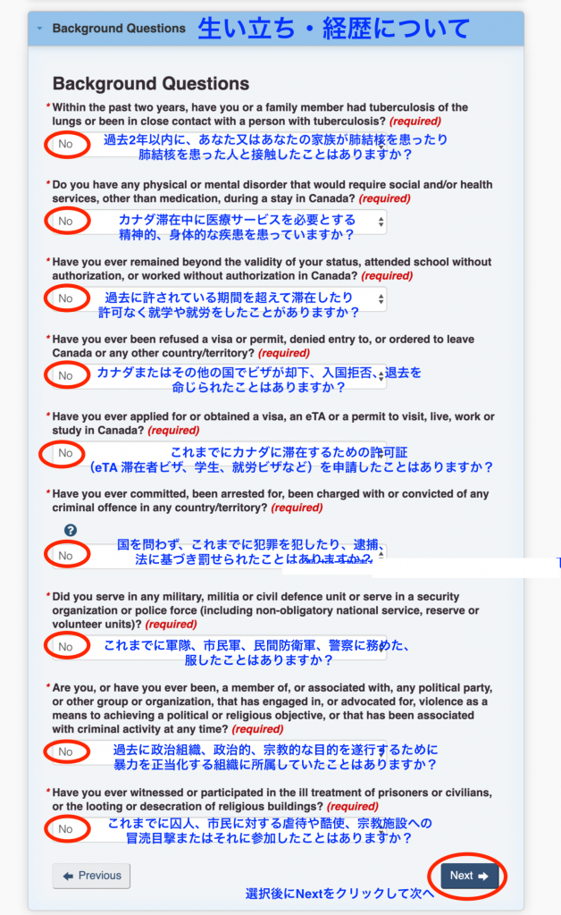 ワークパーミット申請画面申請者の生い立ち、経歴について