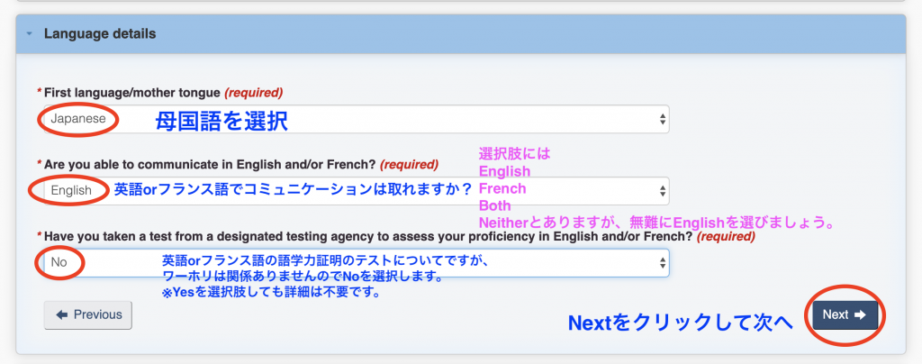 ワークパーミット言語についての申請画面